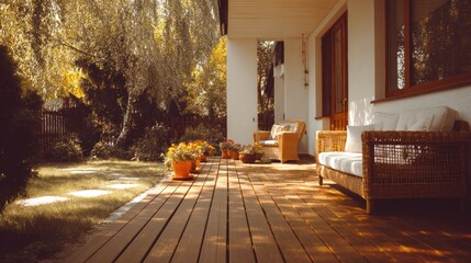 Wooden porch with outdoor seating overlooks a serene garden in warm sunlight.