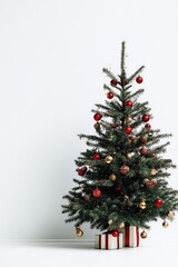 Fototapeta premium Festive Christmas tree with red and gold ornaments, beautifully decorated and standing on a gift box in front of a white wall, isolated on pure white background for holiday celebration concepts.