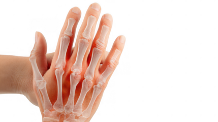 Open hand with reddened palm and fingers indicating possible inflammation, injury, or medical condition, isolated on a transparent background for easy compositing