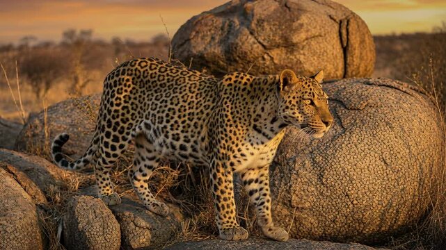 A leopard walks on rocks during a savanna sunset. Warm golden light highlights its spotted fur and the dry landscape under an orange sky