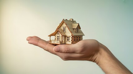Wooden House Model in Hand Symbolizing Home Ownership and Real Estate Concept. made with generative Ai
