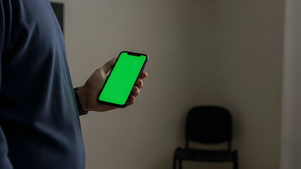 User's hand holding a contemporary smartphone with a blank green screen, ready for custom digital content, application mockups, or vibrant visual displays