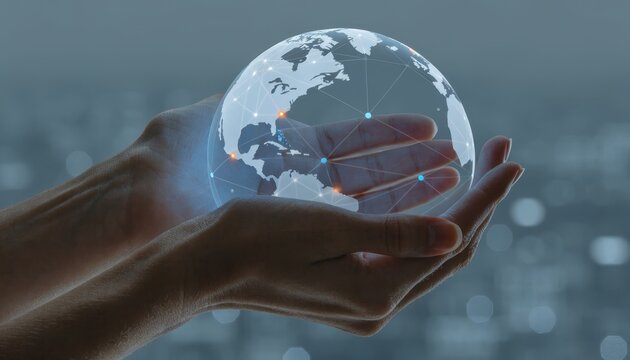 A businessman holding a blue earth globe in his hands represents a global business network and social communication technology concept for the modern planetA businessman holding a blue earth globe in  - Powered by Adobe