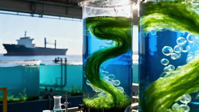 Medium shot of vibrant algae cultivation tanks representing sustainable biofuel production for cleaner shipping emissions and reduced carbon footprint.