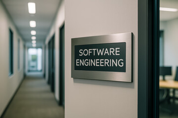 Software engineering office door sign in modern workspace