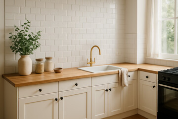 Modern kitchen with elegant design and natural elements on countertop