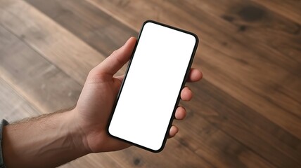 Hand Holding Smartphone with Blank Screen Mockup on Wooden Background. made with generative Ai
