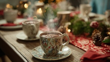 Christmas table with steaming mugs of cocoa,