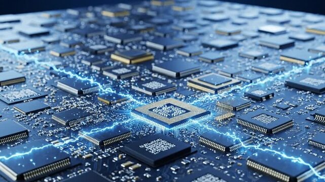 Computing processor macro view on intricate circuit board design.