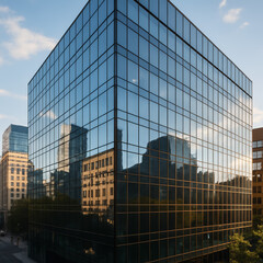 Modern glass building reflecting city skyline during sunset