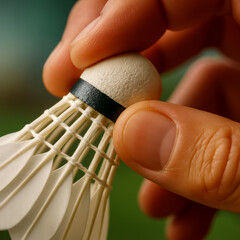 Hand holding a badminton shuttlecock close up detail