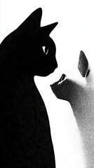 Two contrasting cats, one enveloped in sleek black and the other in pristine white, engage in a silent, yet powerful conversation, their silhouettes playing with light and shadow. 