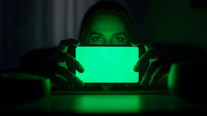 Enigmatic individual holds a smartphone displaying a luminous green screen, ready for digital content, augmented reality, or a virtual interface in a dark setting