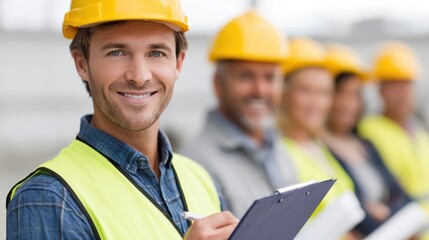 Smiling construction worker in yellow hard hat and safety vest holds clipboard, standing in line with colleagues at a construction site, showcasing teamwork and professionalism in the industry