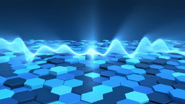 Abstract blue 3d vector hexagon background with energy blue glowing lines. Geometric random waving motion design business background