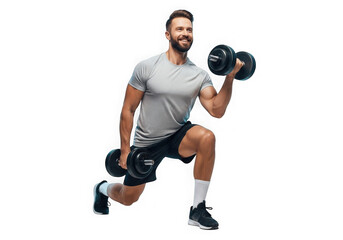 Fit man performing dumbbell lunges for strength training and muscle building transparent background
