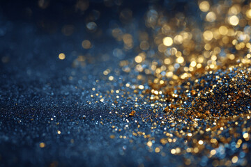 Deep blue and gold glitter sparkle with bokeh effect