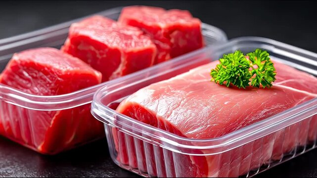 Fresh raw meat portioned in plastic containers