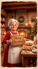 Christmas baking scene with woman holding a sign