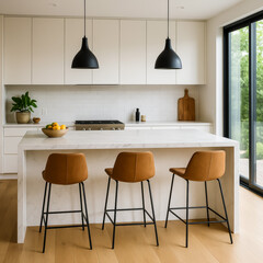 Modern kitchen with stylish bar stools and natural lighting