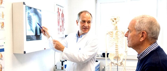 Doctor shows x-ray to patient in medical office during check-up