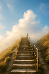Serene stone staircase leading into the clouds at sunrise