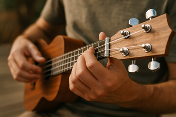 Close-up of hands playing ukulele in natural setting