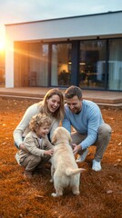 Family enjoys time with puppy in backyard during sunset