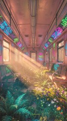 Sunlight enters old train car overgrown with plants and graffiti