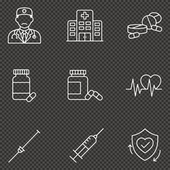Vector Icons for Pharmacy, Hospital Treatment, and Health Insurance. Healthcare and Medical Services Chalk Outline Icon Set.