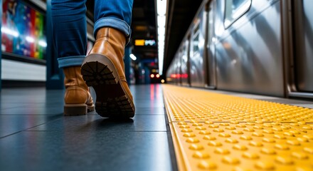 Close-up of a person in brown boots walking on a subway platform with a yellow tactile strip.