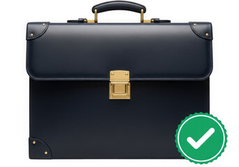 Black leather briefcase with golden latch and green checkmark symbol transparent background