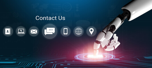 A futuristic robot hand reaching out to a contact symbol, presenting a modern technology theme with digital interface elements in a sleek design. Perfect for tech-related visuals. Gantry