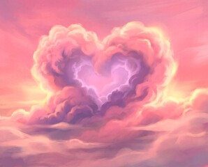 Colorful clouds shape a heart as lightning strikes in the sky