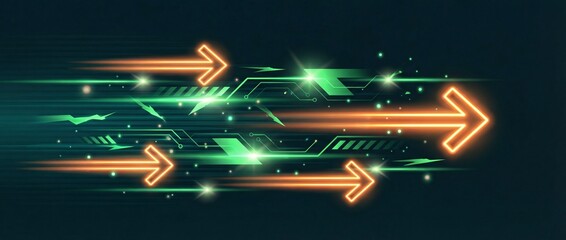 Digital arrows move through a green and black background