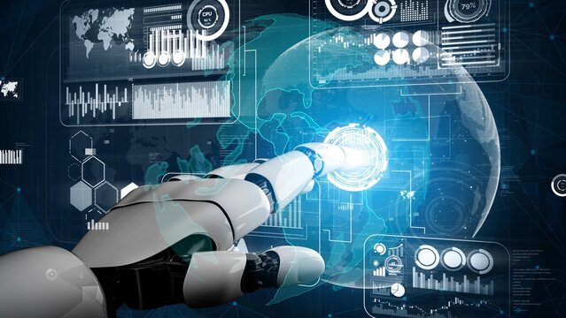 A futuristic robotic hand reaches out to interact with holographic data and technology. The image depicts advanced analytics and innovation in a digital environment. Xenic - Powered by Adobe