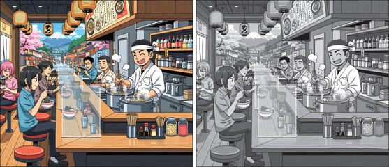 Naklejka premium Vibrant Japanese restaurant scene with chef serving ramen to happy customers