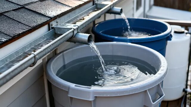 Medium shot capturing rooftop gutters channeling rainwater into collection containers highlighting efficient harvesting in urban home environments