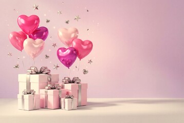 Heart balloons and gift boxes on a plain background