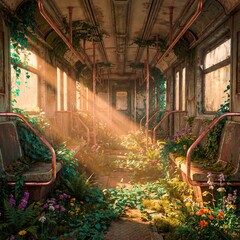 Abandoned subway car filled with plants and light in an urban area