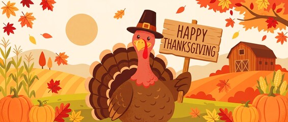 Turkey holds sign and celebrates Thanksgiving in autumn scene
