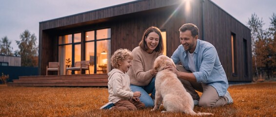 Family enjoys time together outdoors with a dog at home