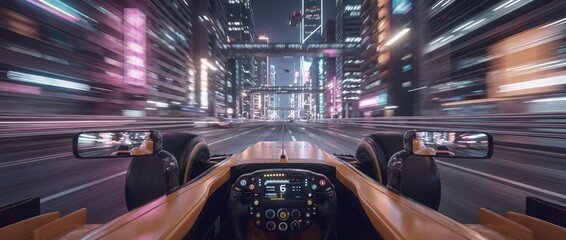 Racing through a city at night in a yellow car with bright lights