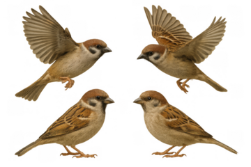 Tree sparrows flying and perching in various poses, isolated on transparent background, wildlife bird set