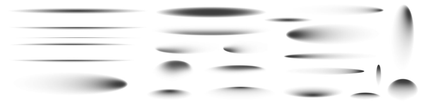 Set of realistic soft shadow effects with smooth blurred edges on transparent background.
