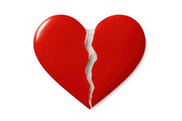 Red paper heart torn in half, representing a broken heart, sadness, and the end of a relationship. Transparent background