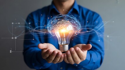 Hand holding light bulb with digital network isolated on white background