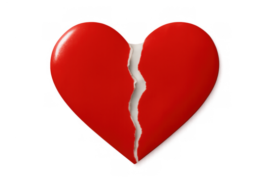 Red paper heart torn in half, representing a broken heart, sadness, and the end of a relationship. Transparent background - Powered by Adobe