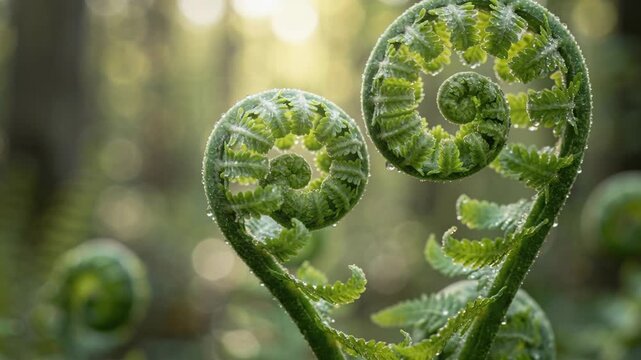 Macro view of vibrant green fern fronds unfurling in a heart shape, glistening with dew drops, bathed in warm morning sunlight with soft bokeh