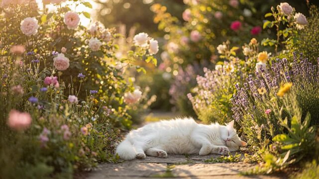 A fluffy white cat rests on a garden pathway surrounded by blooming roses and lavender. Golden hour sunlight creates soft bokeh